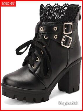 Goth Platform Ankle Boots Chunky Heels Lace Buckle Zipper Punk Cosplay